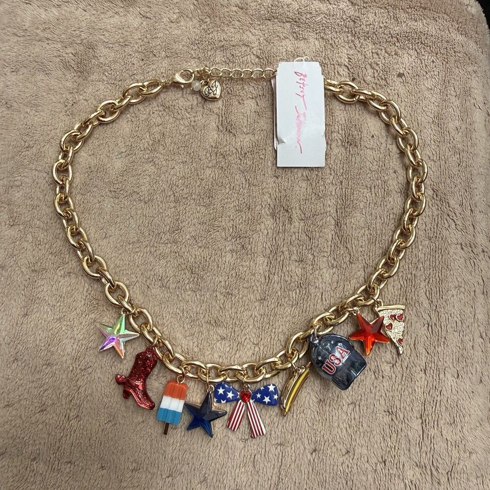 Betsey Johnson Charm Necklace America Patriotic Baseball Cap Pizza Cowboy Boot